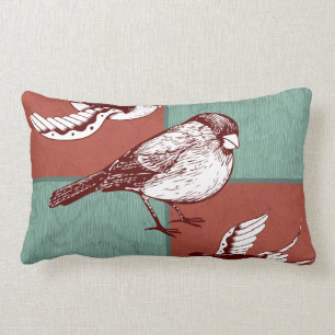 Pretty Birds Sparrows Red Blue Colour Block Design Lumbar Pillow