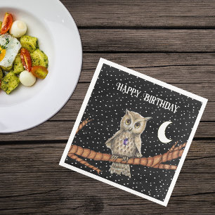 Pretty Birthday Brown Owl Purple Crystal Moon Star Napkin