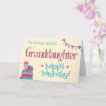 Pretty Birthday Card Granddaughter, Bunting, Gifts<br><div class="desc">A pretty Birthday Card for a very special Granddaughter, with a pile of Birthday gifts, Bunting and Flowers. The word, 'Granddaughter' is in patterned lettering and Happy Birthday is in Turquoise Blue, all on a cream background, with hearts scattered around. A digital design by Judy Adamson for the Granny Prints...</div>