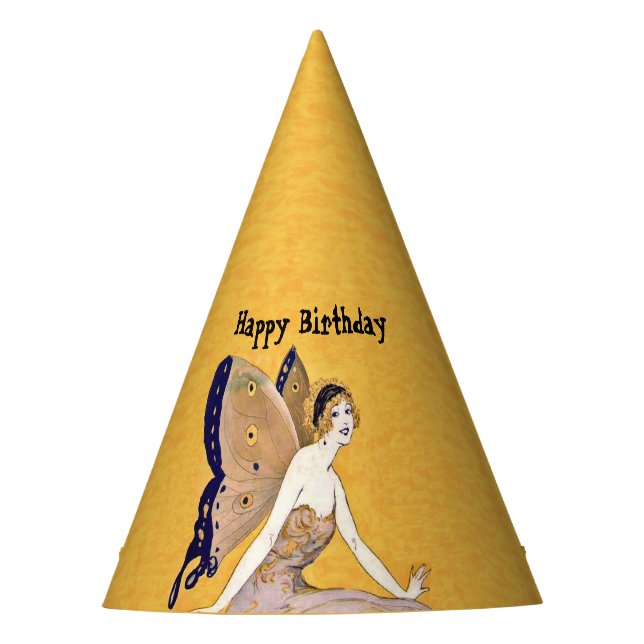 Pretty Birthday Fairy Butterfly Wings Yellow Party Hat (Front)