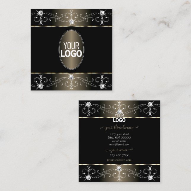 Pretty Black and Beige Ornate Ornaments with Logo Square Business Card (Front/Back)