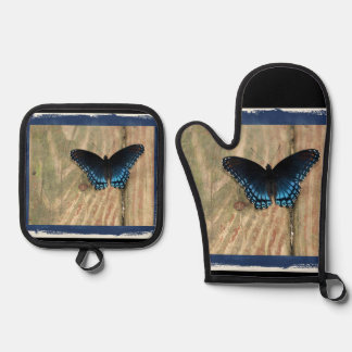 Pretty Black and Blue Butterfly  Oven Mitt & Pot Holder Set