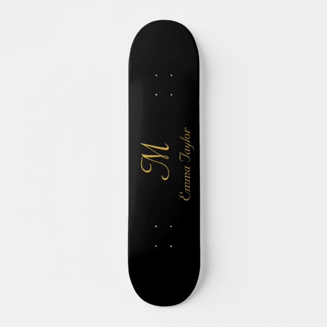 Pretty Black and Gold Monogram Script Name   Skateboard (Front)