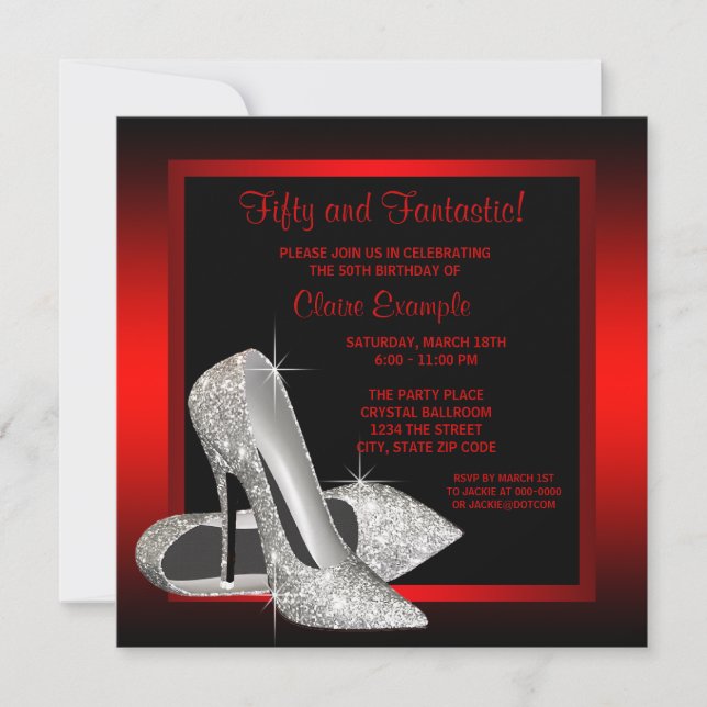 Pretty Black and Red Glitter High Heels Birthday Invitation (Front)