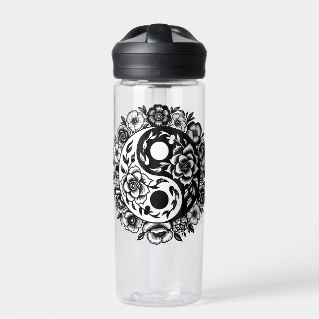Pretty Black and White Floral Yin Yang Personalize Water Bottle (Front)