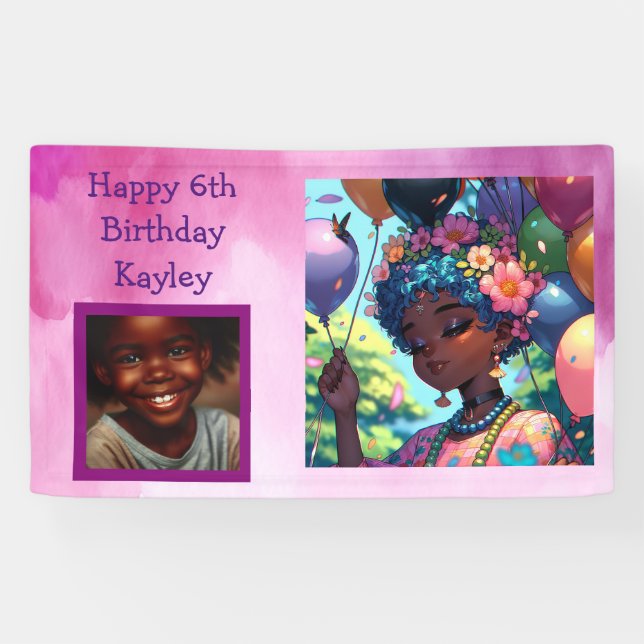 Pretty Black Anime Girl with Birthday  Banner (Horizontal)