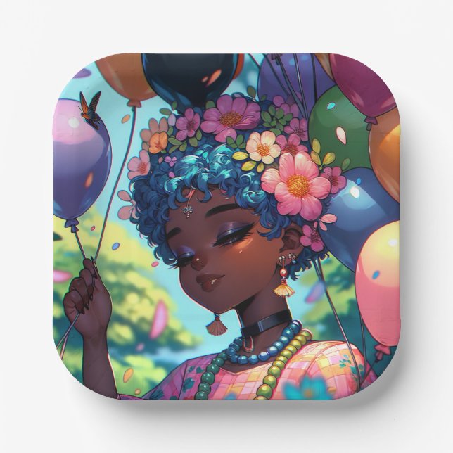 Pretty Black Anime Girl with Birthday  Paper Plate (Front)