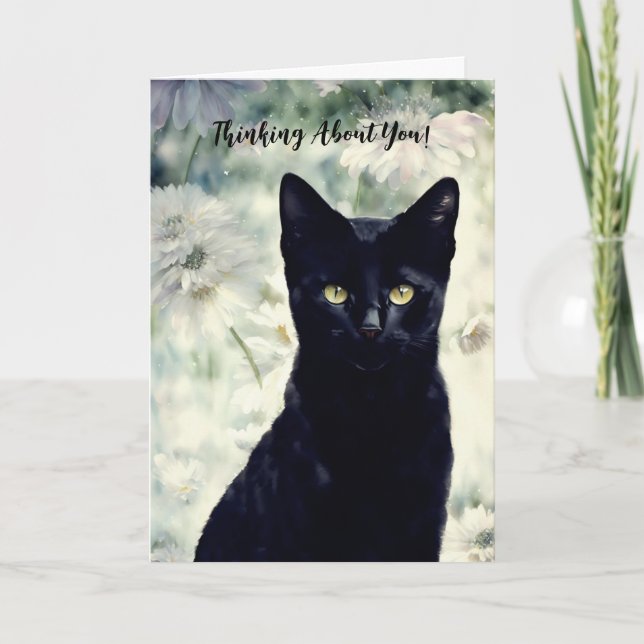 Pretty Black Cat Concerned Thinking About You Card (Front)