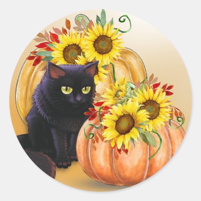 Pretty Black Cat & Pumpkin Halloween Classic Round Sticker (Front)