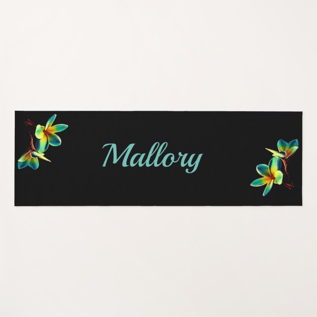 Pretty Black Floral Personalized Yoga Mat (Front (Horizontal))