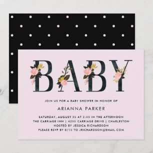 Pretty Black Floral Text on Blush   Baby Shower Invitation