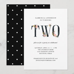 Pretty Black Floral Text Second Birthday Party Invitation
