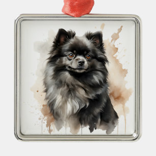 PRETTY BLACK FLUFFY POMERANIAN PUPPY DOG METAL ORNAMENT