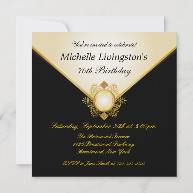 Pretty Black Gold Ivory Womens Party Invitations (Front)