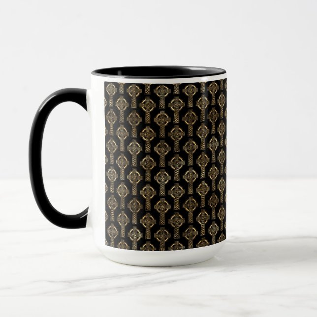 PRETTY BLACK & GOLD ROWS OF CELTIC KNOTS CROSSES MUG (Left)