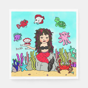 Pretty Black Haired Mermaid Birthday Party Napkin