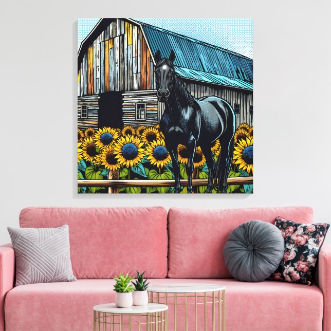 Pretty Black Horse and Rustic Barn with Sunflowers Canvas Print (Insitu(LivingRoom))