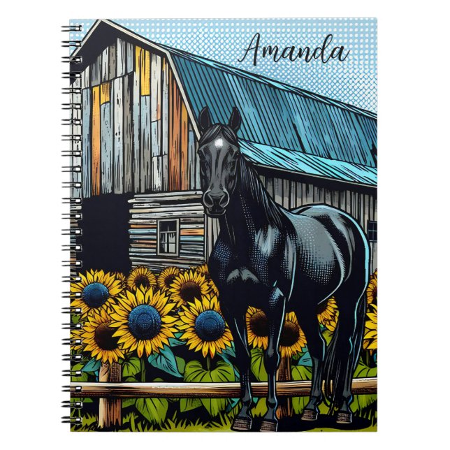 Pretty Black Horse and Sunflowers Personalized Notebook (Front)