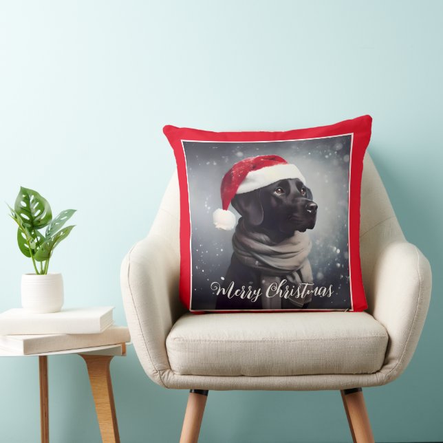 Pretty Black Lab In Scarf and Santa Hat Throw Pillow (Chair)