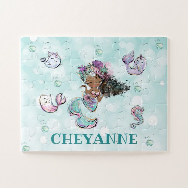 Pretty Black Mermaid, African American Mermaid Kid Jigsaw Puzzle (Horizontal)