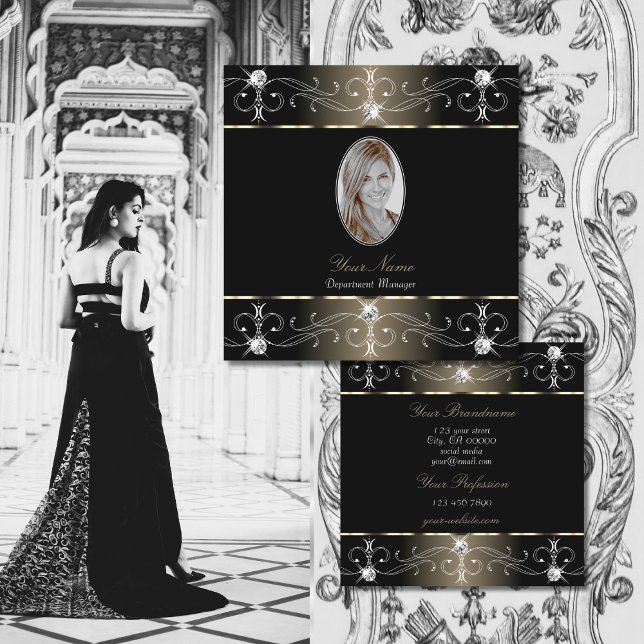 Pretty Black Platinum Ornate Ornaments with Photo Square Business Card (Creator Uploaded)