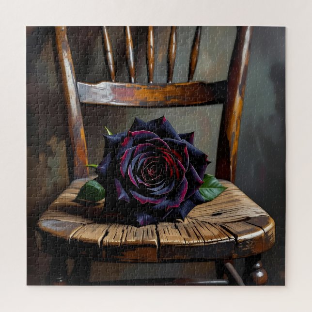Pretty Black Rose on Rustic Chair Valentine's Day Jigsaw Puzzle (Vertical)