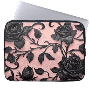 Pretty Black Roses on a Pink Background Laptop Sleeve