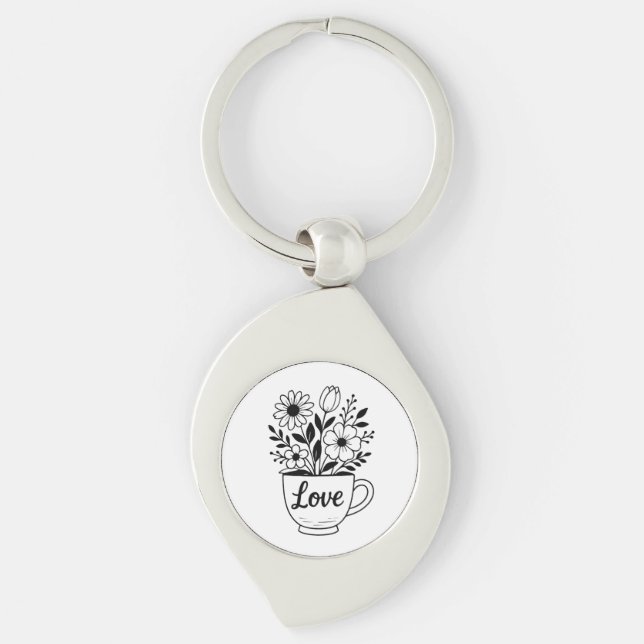 Pretty Black Tea Cup with Flowers Design Keychain (Front)