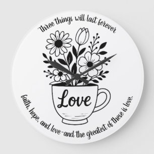 Pretty Black Tea Cup with Flowers Design Large Clock