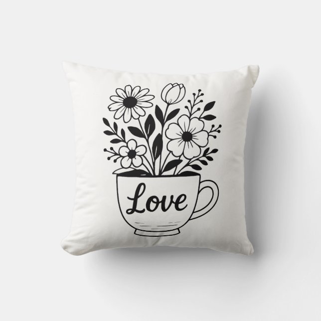 Pretty Black Tea Cup with Flowers Design Throw Pillow (Front)