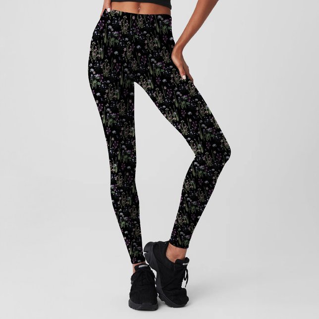 Pretty Black Violet Ditsy FLoral Pattern Girly Leggings (Pretty black violet ditsy floral pattern printed leggings for yoga, fitness, pilates & lifestyle.)