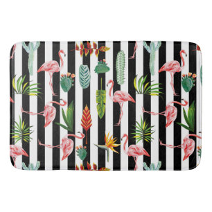 Pretty Black White Stripes with Flamingo Cactus Bath Mat