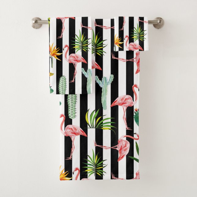 Pretty Black White Stripes with Flamingo Cactus Bath Towel Set (Insitu)
