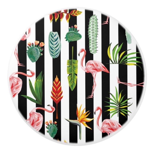 Pretty Black White Stripes with Flamingo Cactus Ceramic Knob (Front)