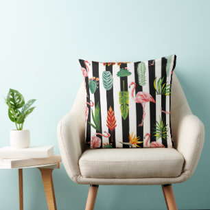 Pretty Black White Stripes with Flamingo Cactus Throw Pillow