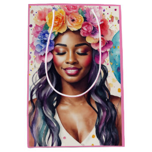 Pretty Black Woman Colorful Balloons Party Medium Gift Bag