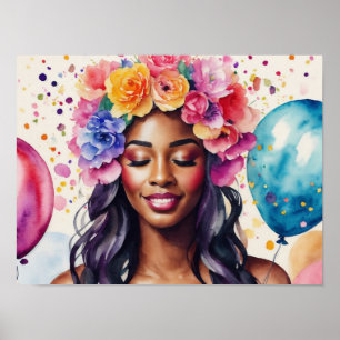 Pretty Black Woman Colourful Balloons Party Poster