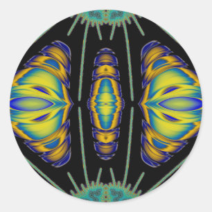 ~ Pretty Black Yellow Blue and Green Fractal ~ Classic Round Sticker