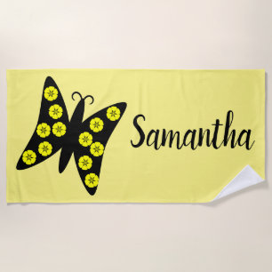 Pretty Black/Yellow Butterfly Personalized Beach Towel