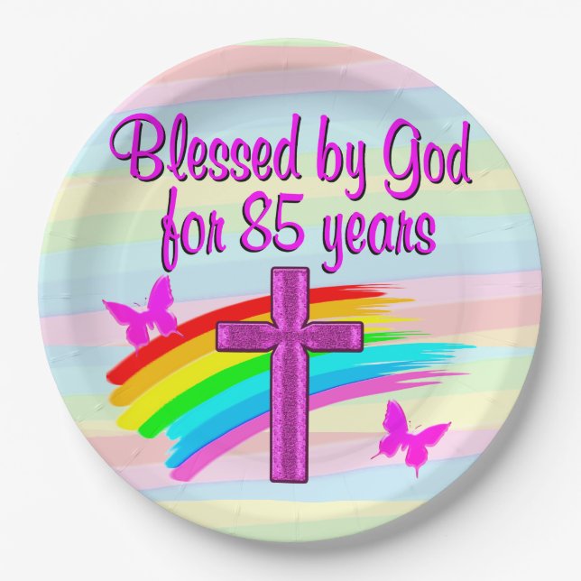 PRETTY BLESSED BY GOD 85TH BIRTHDAY PAPER PLATES (Front)