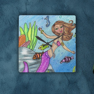 Pretty Blonde Mermaid Pearls Pink Tail in Ocean Square Wall Clock