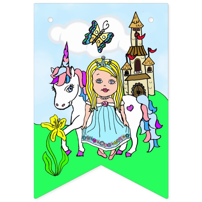 Pretty Blonde Princess and Unicorn Birthday Banner (First Flag)