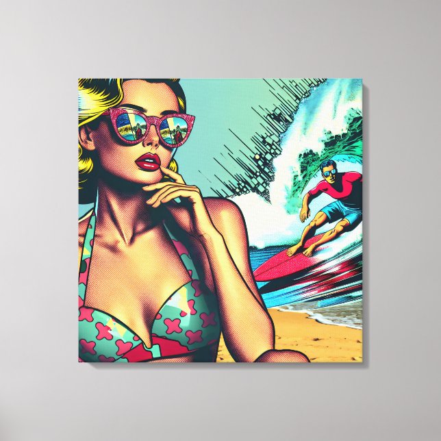 Pretty Blonde Retro Woman and Surfer Guy Canvas Print (Front)