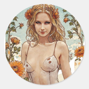 Pretty Blonde V1 Mucha Style Art Classic Round Sticker