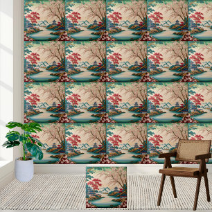 Pretty Blossom & Mountain Chinoiserie Tile Art