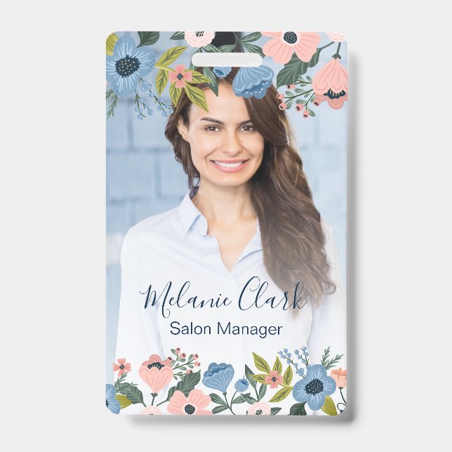 Pretty Blossom Pink & Blue Floral Frame Photo ID Badge (Front)