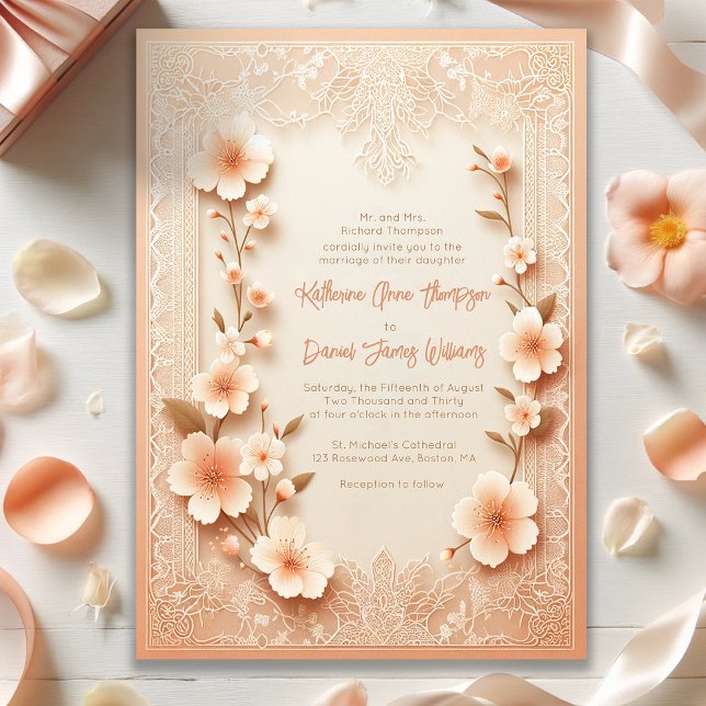 Pretty Blossoming Romantic Lace Peach Wedding  Invitation (Creator Uploaded)