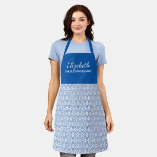 Pretty Blue Abstract Flower Pattern Name Apron