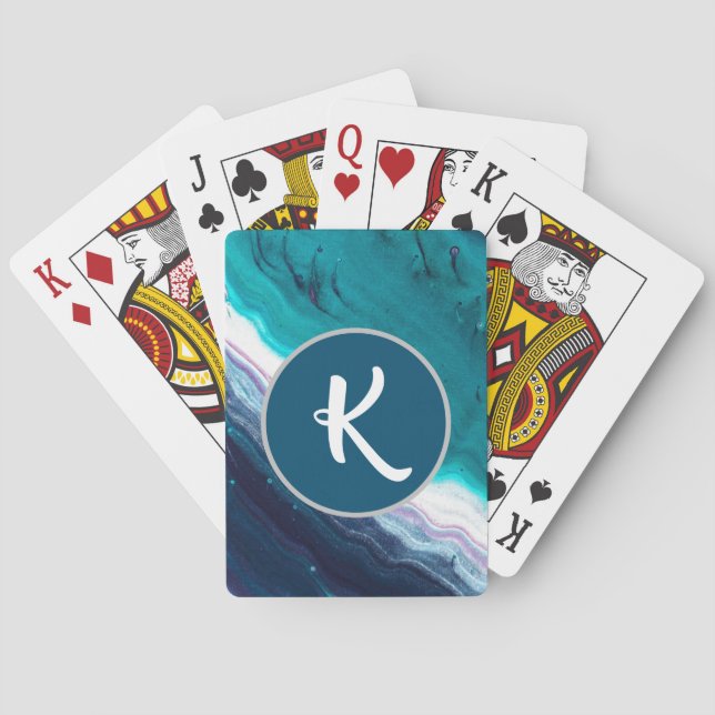 Pretty Blue Abstract Monogram Playing Cards (Back)