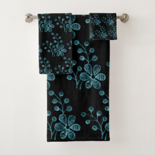 PRETTY BLUE AND BLACK FLORAL BATHROOM TOWEL SET